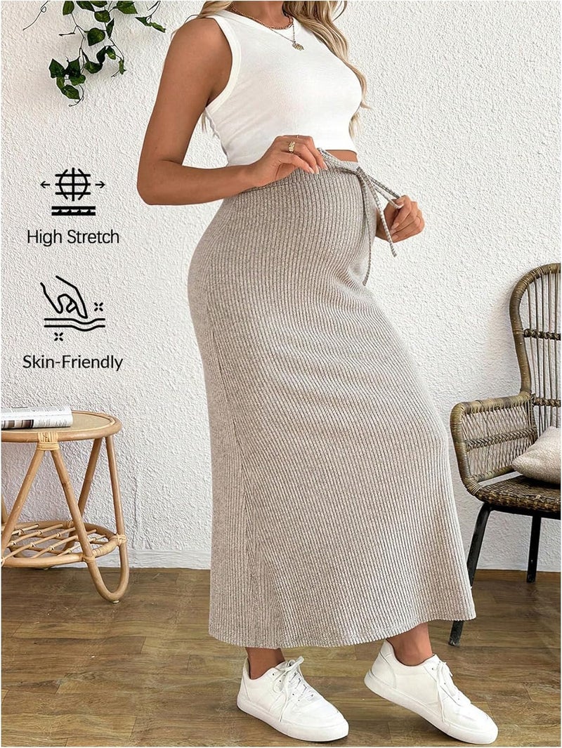 MakeMeChic Women's Maternity 2 Piece Sets Crew Neck Sleeveless Crop Tank Tops and Midi Skirts Maternity Set - Image 3